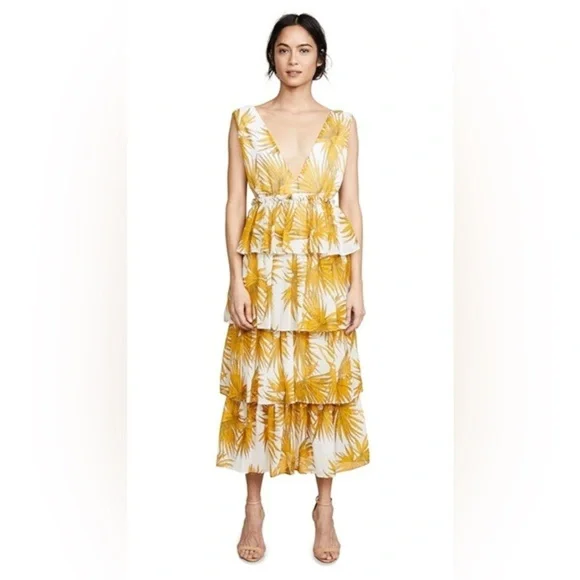 Shopbop yellow floral tiered ruffle midi dress - Picture 2 of 15
